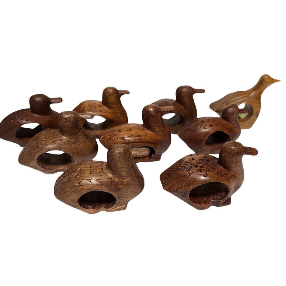 Duck Napkin Rings Wooden Holders Made in Philippines Unique Carvings Set of 9